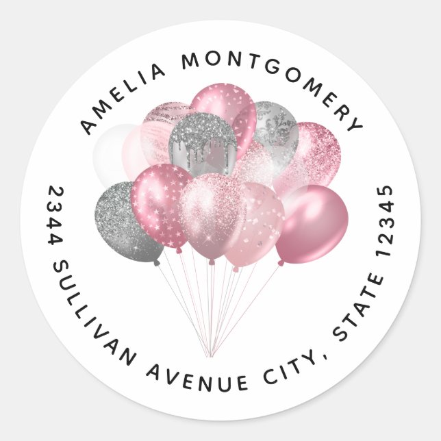 Glitter Balloons Pink and Silver - Address Classic Round Sticker (Front)