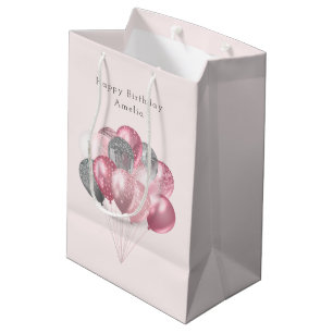  Glitter Balloons Pink and Silver Birthday Medium Gift Bag