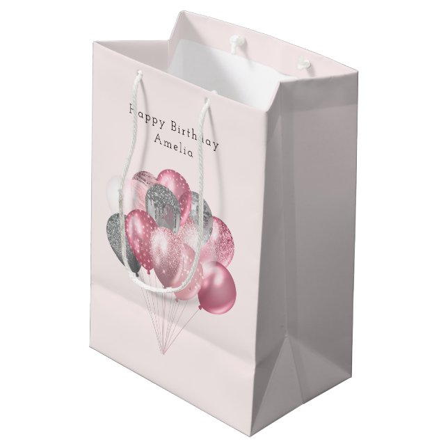  Glitter Balloons Pink and Silver Birthday Medium Gift Bag (Back Angled)