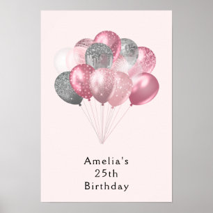 Glitter Balloons Pink and Silver Birthday Poster