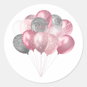 Glitter Balloons Pink and Silver Classic Round Sticker