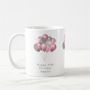 Glitter Balloons Pink and Silver Happy Birthday Coffee Mug