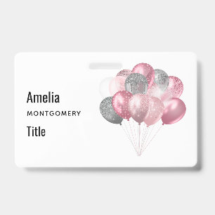Glitter Balloons Pink and Silver ID Badge