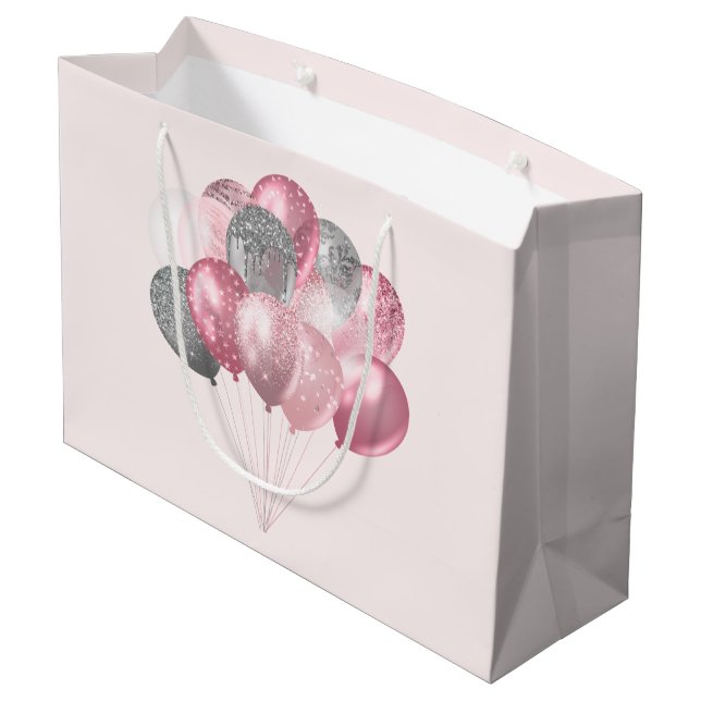 Glitter Balloons Pink and Silver Large Gift Bag (Back Angled)