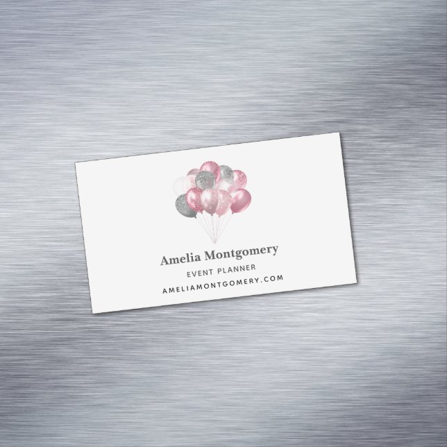 Glitter Balloons Pink and Silver Magnetic Business Card (In Situ)