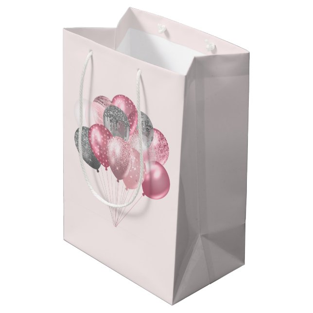  Glitter Balloons Pink and Silver Medium Gift Bag (Back Angled)