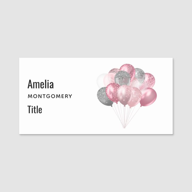Glitter Balloons Pink and Silver Name Tag (Front)