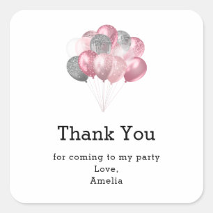 Glitter Balloons Pink and Silver - Party Thank You Square Sticker