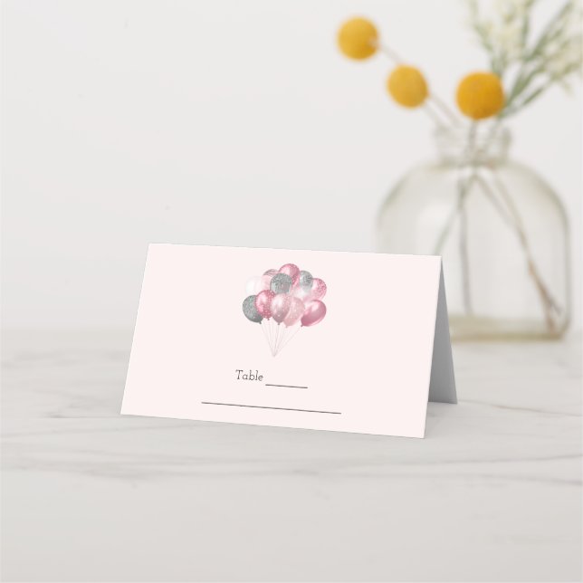 Glitter Balloons Pink and Silver Place Card (Front)
