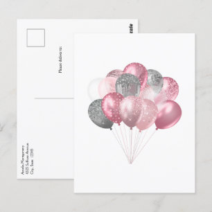 Glitter Balloons Pink and Silver Postcard