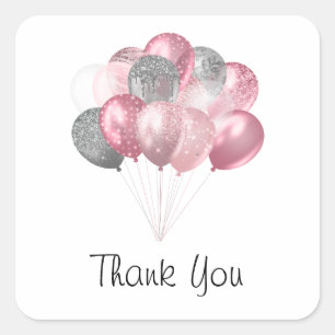 Glitter Balloons Pink and Silver - Thank You Square Sticker