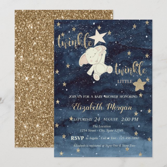 Glitter Bear Blue Twinkle Little Star Baby Shower Invitation (Front/Back)