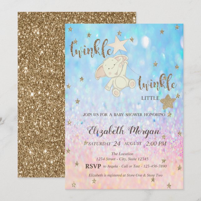 Glitter Bear Twinkle Little Star Bokeh Baby Shower Invitation (Front/Back)
