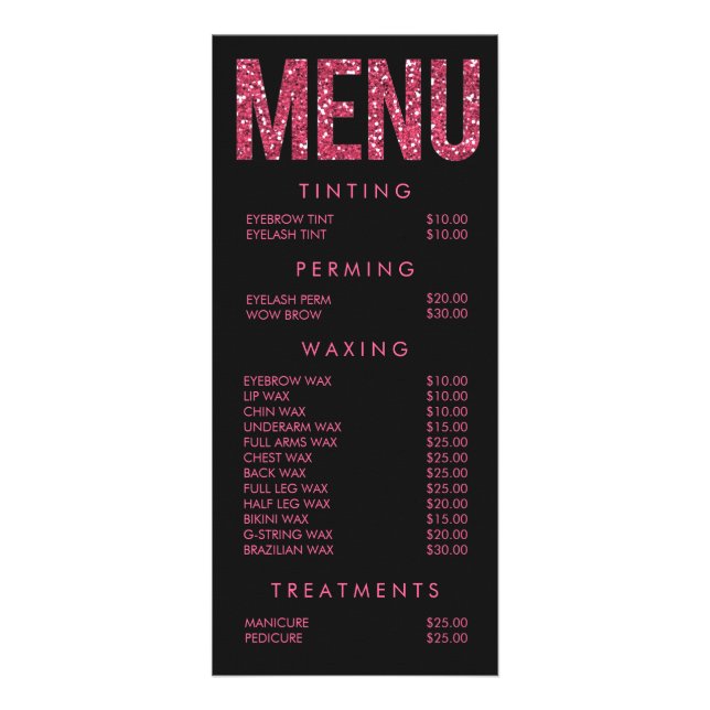 Glitter Beauty Salon Beautician Menu Price List (Front)