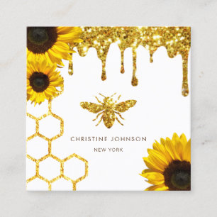glitter bee and sunflowers square business card