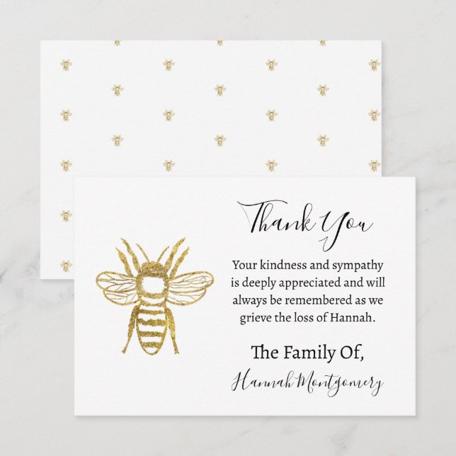 Glitter Bee Funeral Sympathy Thank You Card (Front/Back)
