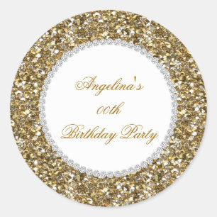 Glitter Birthday Party Gold Diamond Trim Any Age Classic Round Sticker