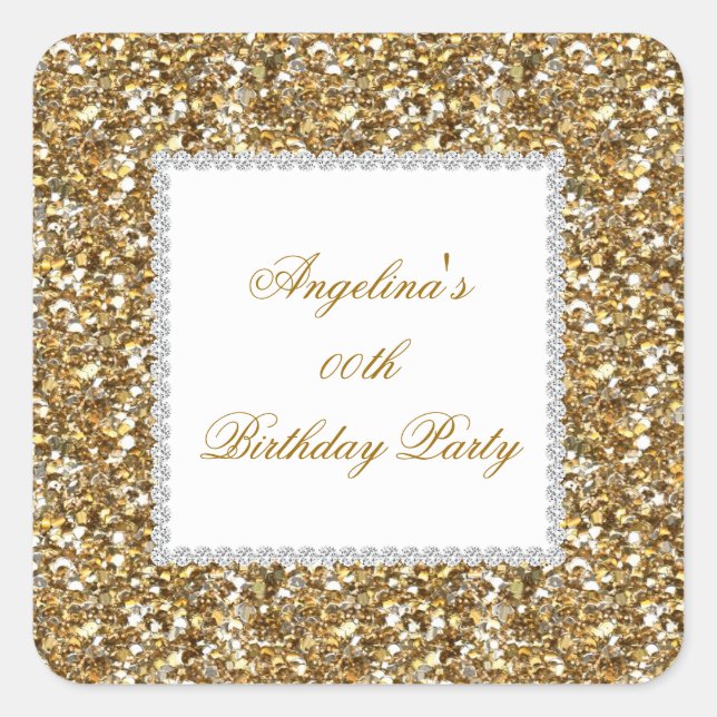 Glitter Birthday Party Gold Diamond Trim Any Age Square Sticker (Front)