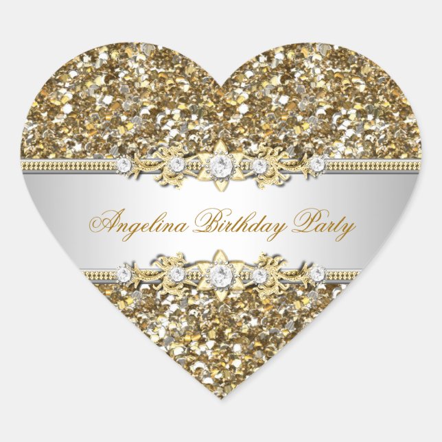 Glitter Birthday Party Gold Jewel Diamond Any Age Heart Sticker (Front)
