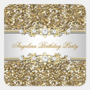 Glitter Birthday Party Gold Jewel Diamond Any Age Square Sticker