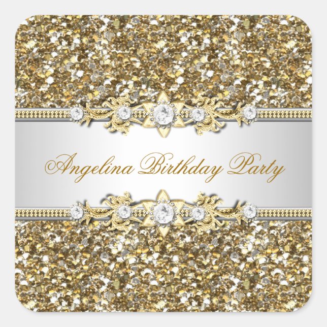 Glitter Birthday Party Gold Jewel Diamond Any Age Square Sticker (Front)