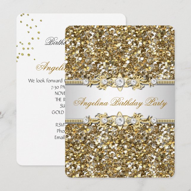 Glitter Birthday Party Gold Jewel Diamond Invitation (Front/Back)