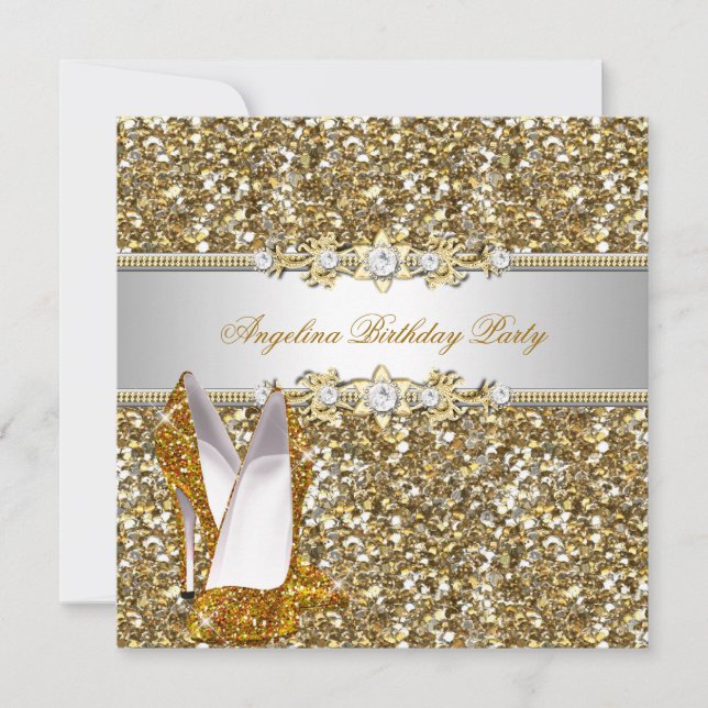 Glitter Birthday Party Gold Jewel Diamond shoes Invitation (Front)