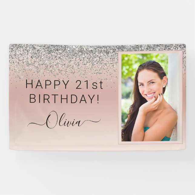 Glitter Birthday Photo Pink Silver Girly Rose Gold Banner (Horizontal)