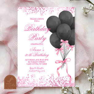 Glitter Black and Pink Balloon Birthday Party Invitation