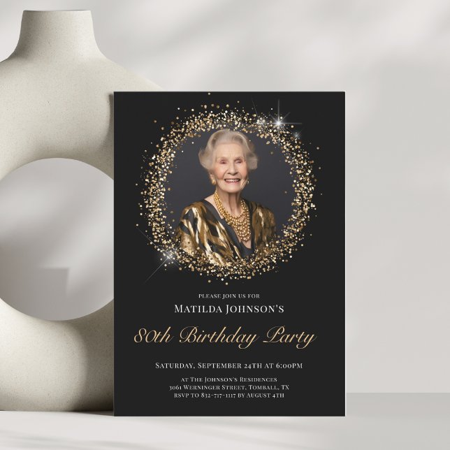 Glitter Black Gold 80th Birthday Party Invitation (Glitter Black Gold 80th Birthday Party Invitation)