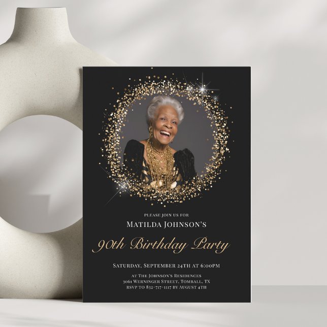 Glitter Black Gold 90th Birthday Party Invitation (Glitter Black Gold 90th Birthday Party Invitation)
