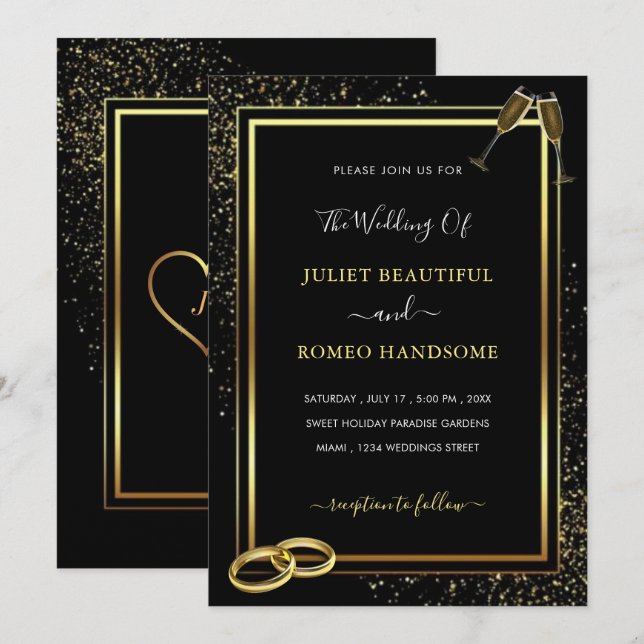 Glitter Black Gold Wedding Invitation Template (Front/Back)