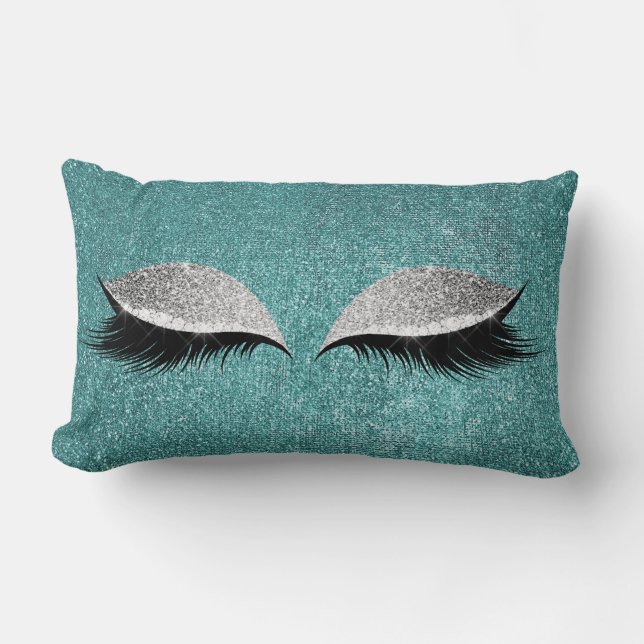Glitter Black Makeup Eye Lashes Teal Silver Eye Lumbar Cushion (Front)