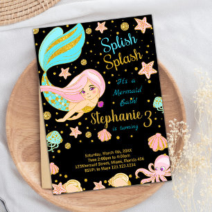 Glitter Black Mermaid Birthday Invitations
