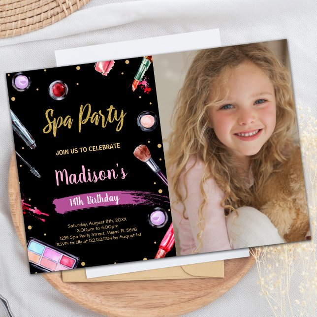 Glitter Black Photo Spa Birthday Invitations (Glitter Black Photo Spa Birthday Invitations)