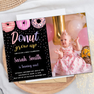Glitter Black Pink Light Photo Doughnut Birthday Invitation