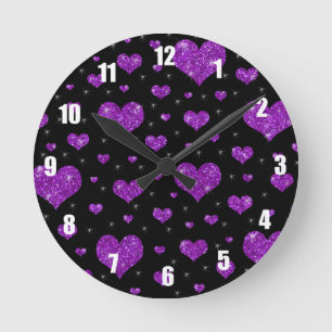 Glitter black purple hearts pattern round clock