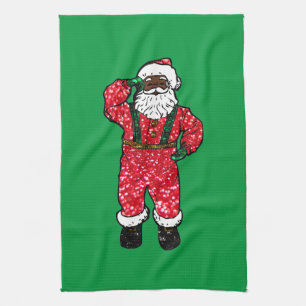 glitter black santa claus tea towel