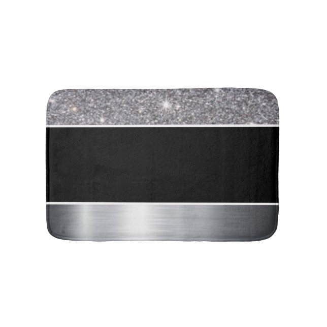 Glitter Black Silver Pattern Print Design Bath Mat (Front)