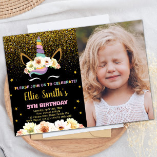 Glitter Black Unicorn Birthday Invitations w photo