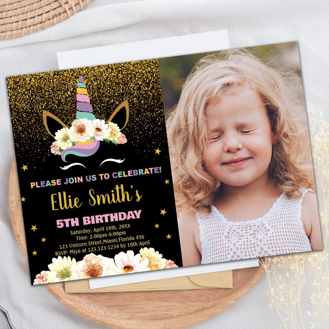Glitter Black Unicorn Birthday Invitations w photo (Glitter Black Unicorn Birthday Invitations w photo)