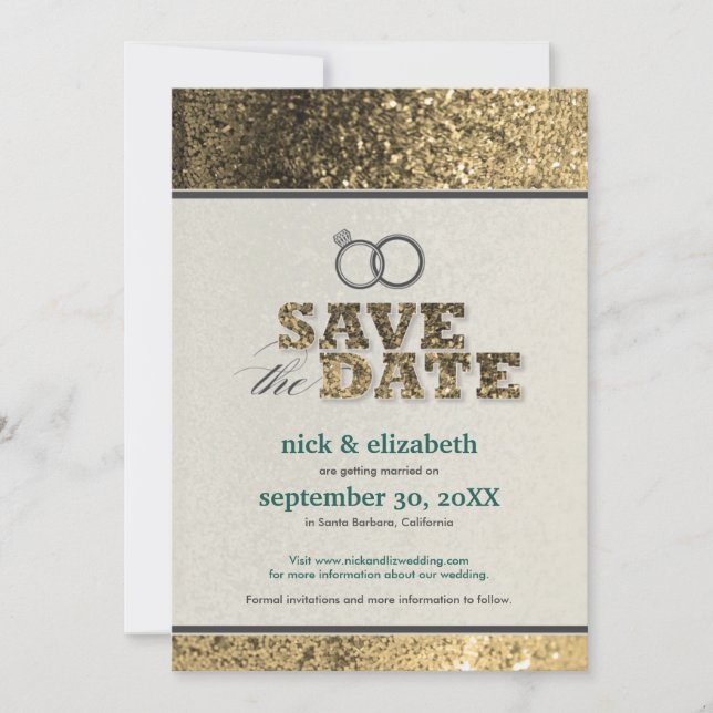 Glitter Bling Save the Date Announcement (gold) (Front)