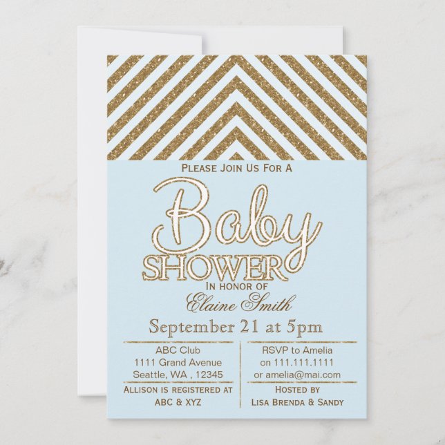 Glitter blue and gold baby shower invitation (Front)
