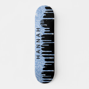 Glitter Blue Drips Personalised Black Skateboard