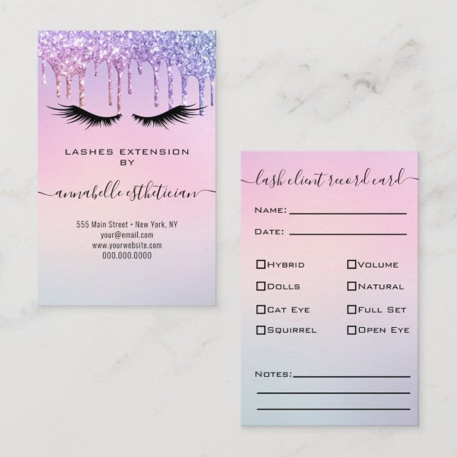 Glitter Blue Eyelash Extension Client Record Busin Business Card (Front/Back)