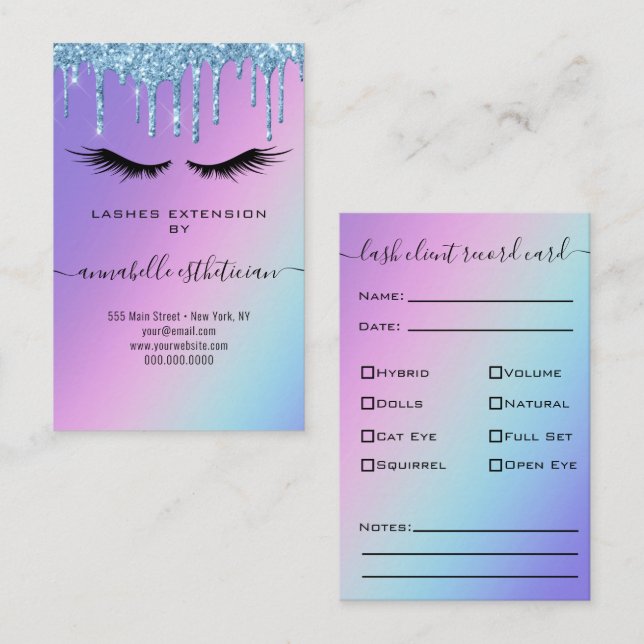 Glitter Blue Eyelash Extension Client Record Business Card (Front/Back)