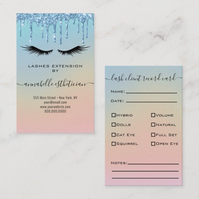 Glitter Blue Eyelash Extension Client Record Business Card (Front/Back)