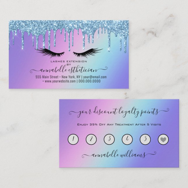Glitter Blue Eyelash Extension Loyalty Business Card (Front/Back)