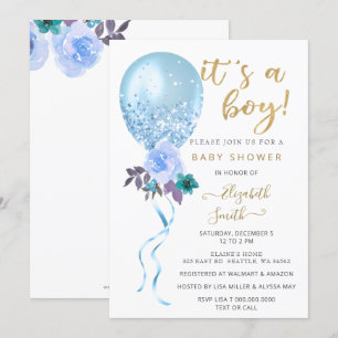 Glitter Blue Floral Balloon Boy Baby Shower Invitation