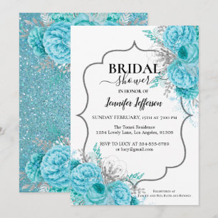 Glitter Blue Floral Bridal Shower Invitation